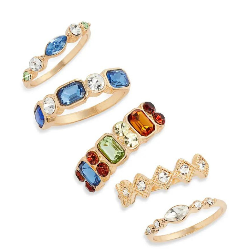 Rainbow Tennis Rings Gold Rings Stacker Rings Crystal Gold Rings 5 Ring Set
